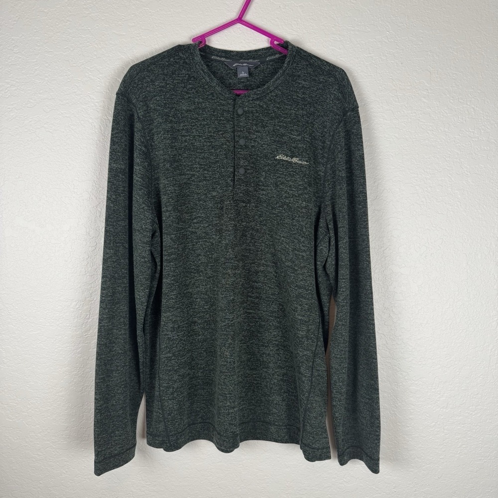 Eddie Bauer Shirt Mens XXL 2XL Green Henley Casual Snaps Classiccore